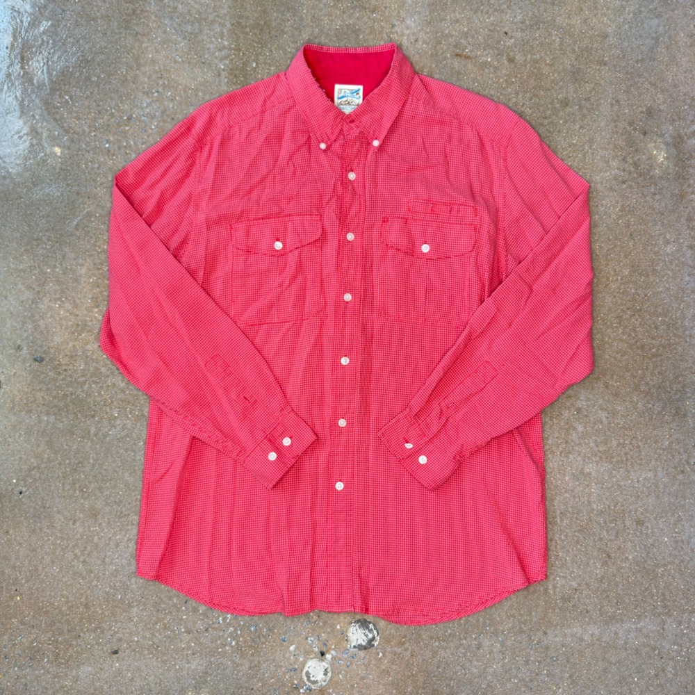 TravelSmith Mens Large Red Micro Grid Button Down Shirt Long Sleeve Pockets 8284